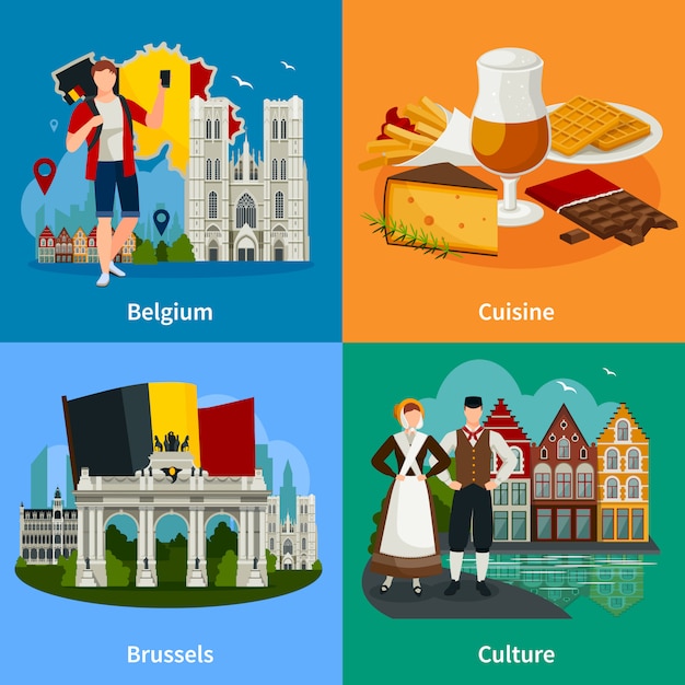 Belgian Landmarks Flat Style Travel Concept