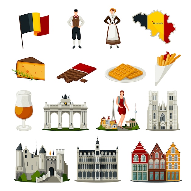 Belgium Flat Style Icons Set