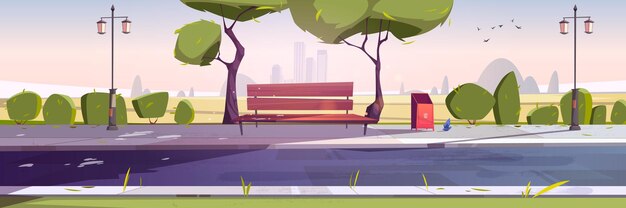 Bench in park landscape with city view daytime