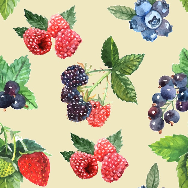 Berry seamless pattern with strawberry raspberry black currant