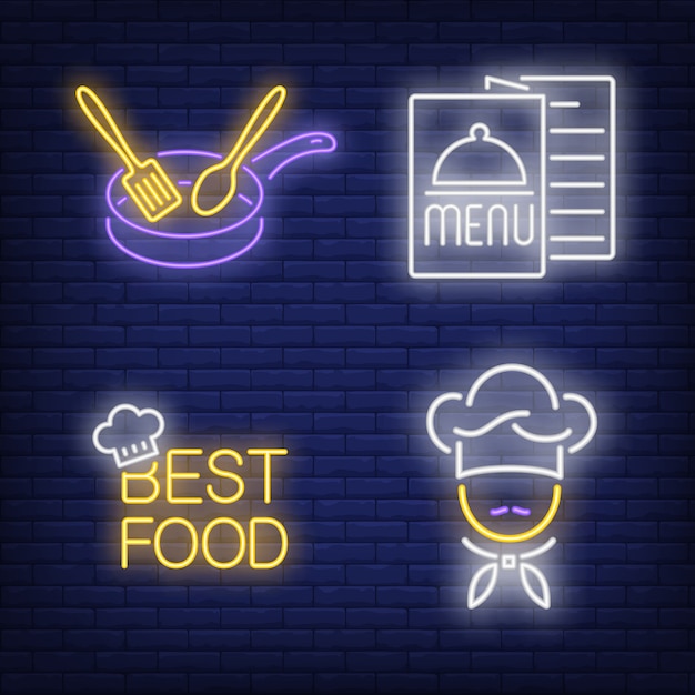 Best food lettering, menu, chef and pan neon signs set