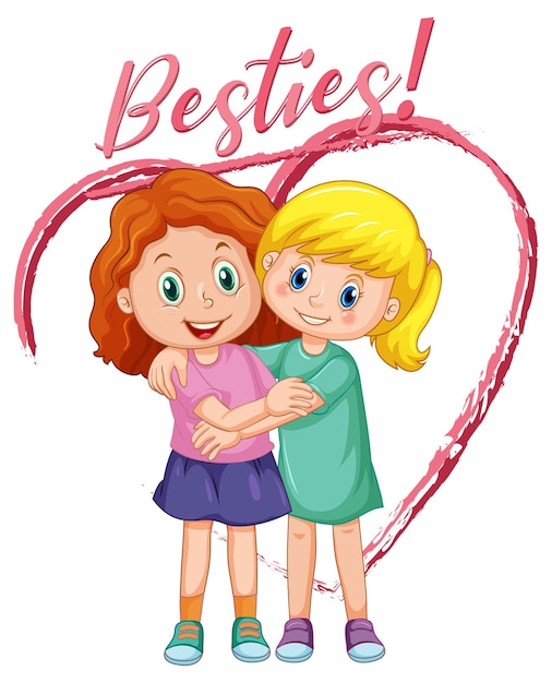 Best friend girls cartoon character with besties lettering