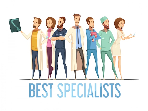 Best medical specialists design with smiling doctors and nurses in various poses cartoon retro style