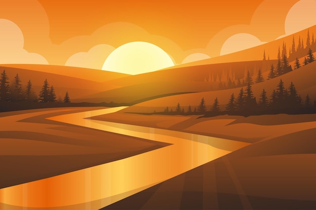 Free vector best scene of nature landscape of mountain, river and forest with sunset in evening in warm tone.  illustration