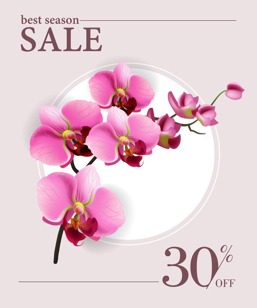 Best season sale, thirty percent off poster with pink flowers and white circle.