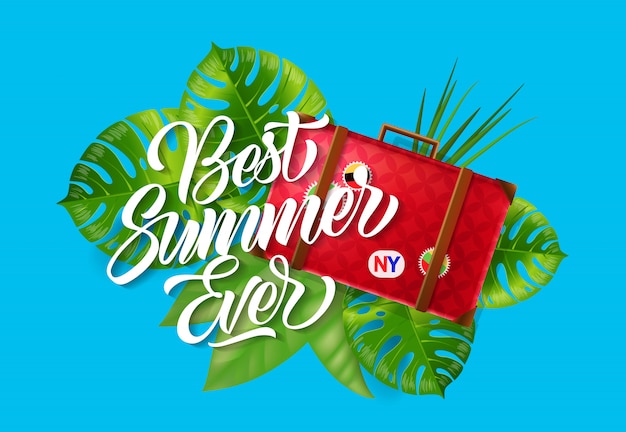 Free Vector best summer ever lettering. calligraphic inscription with tropical leaves and red suitcase