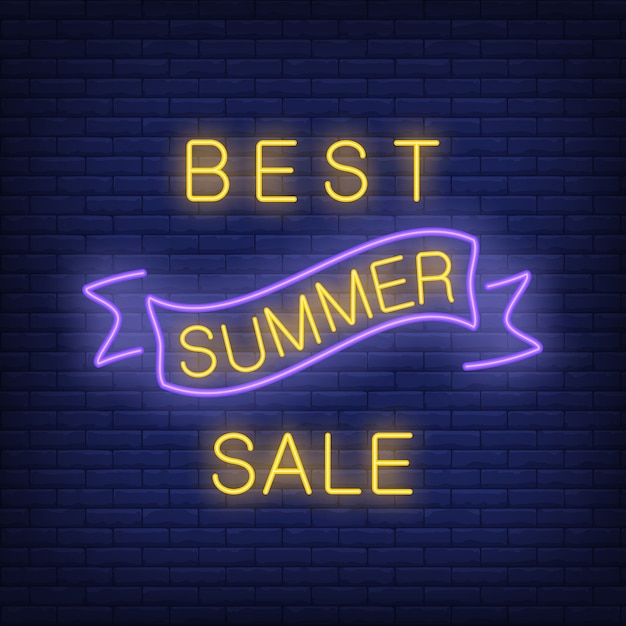 Best summer sale lettering on brick wall in neon style. Purple ribbon waving dark brick wall. Night 