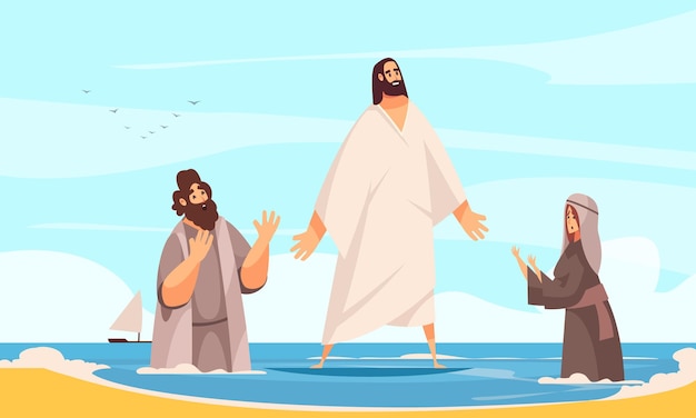 Free Vector bible narratives jesus water composition with doodle character of christ walking on water with praying people  illustration