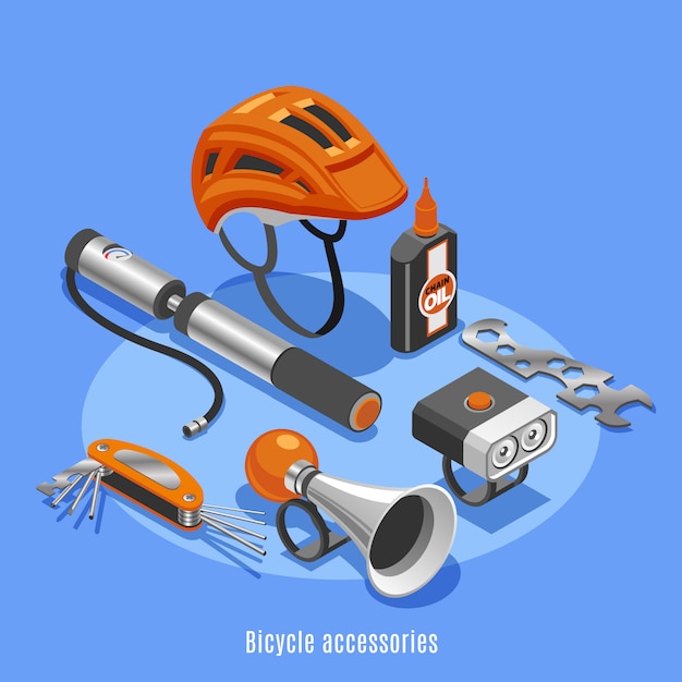 Free Vector bicycle accessories with helmet pump klaxon spanner bottle of chain oil icons isometric vector illustration