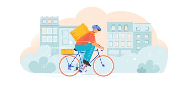 Free Vector bicycle delivery composition with flat character of courier riding bike with carrier bag on cityscape