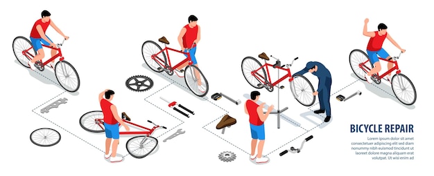 Free Vector bicycle repair isometric infographics with male cyclist riding bike and mechanic revived broken vehicle after crash illustration