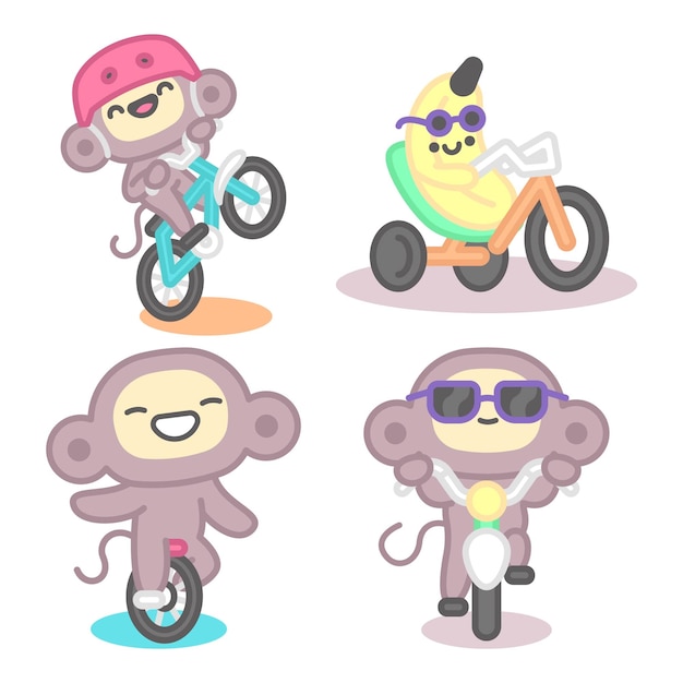 Free Vector bicycle stickers collection with monkey and banana