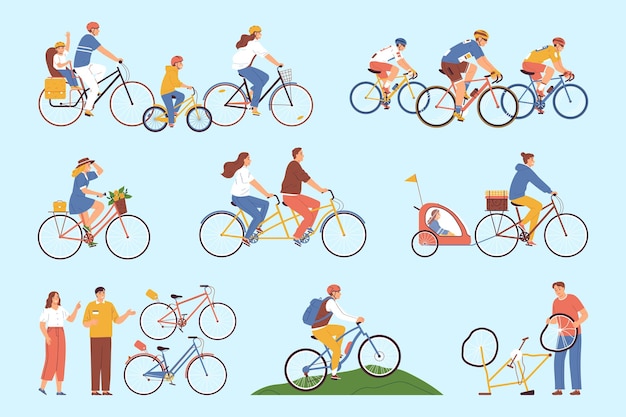 Bicycles icons flat color set with people riding bikes isolated vector illustration