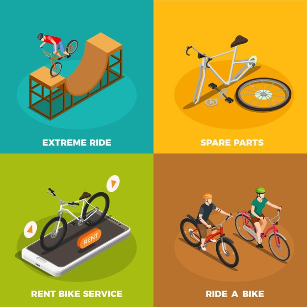 Bicycles isometric  concept with rent bike service spare parts and extreme ride isolated