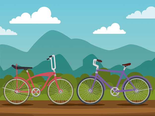 Free Vector bicycles with petal and seat in natural landscape