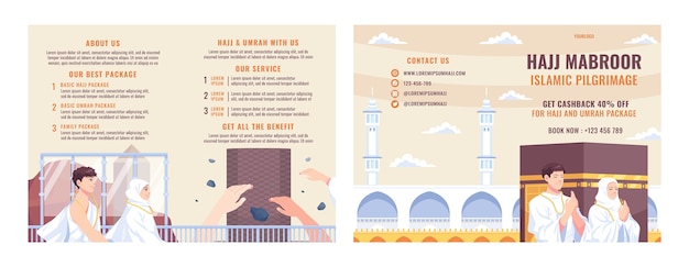 Free Vector bifold brochure template for islamic hajj pilgrimage