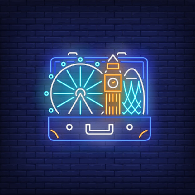 Free vector big ben, london eye in open suitcase neon sign