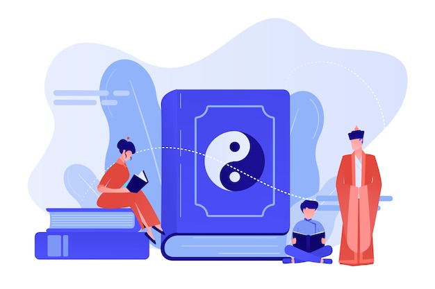 Big book with yin-yang and taoism family reading, tiny people. Yin yang Taoism, Daoism and Confucianism, Taoism Chinese philosophy concept. Pinkish coral bluevector isolated illustration