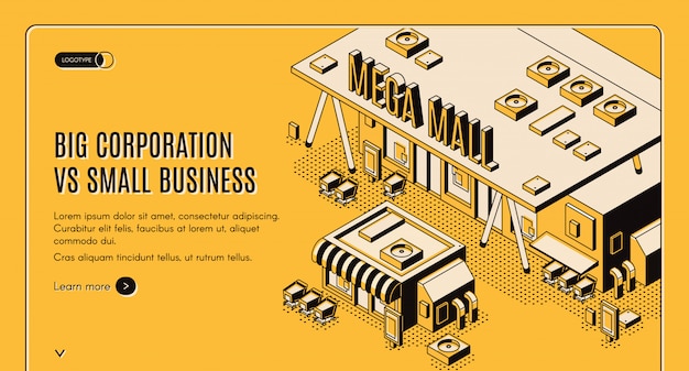 Big corporation in small business isometric banner