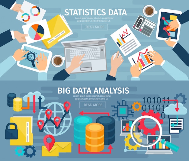 Big data analysis and database statistic systems 2 flat banners 