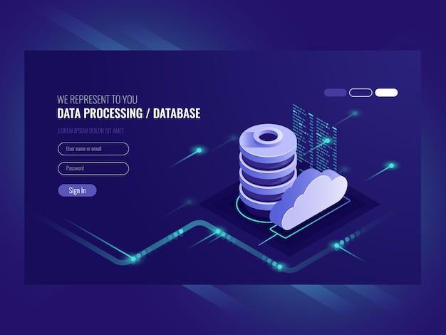 Free Vector big data flow processing concept, cloud database, web hosting and server room icon