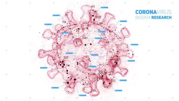 Big data research of Coronavirus disease 3d vector illustration of virus and points of interest Vaccine development Futuristic virology analysis of SARS Pathogen exploraion concept