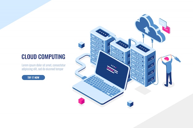 Big data source, data center, cloud computing and cloud storage isometric concept, server room rack