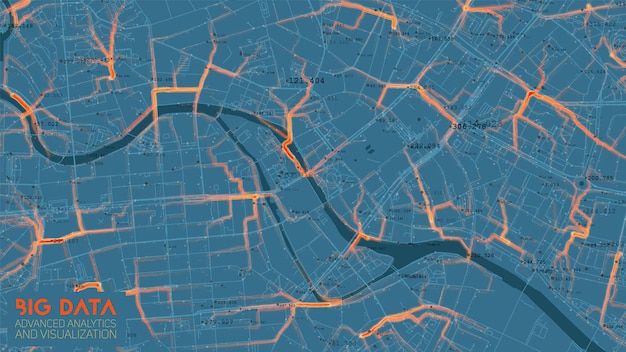 Big data traffic analysis in modern city Abstract road capacity limits visualization Car routes net graphic Urban infrastructure analysis Complex geospatial data Visual information complexity