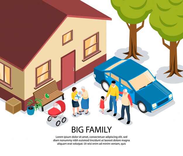 Big family isometric with grandma and grandpa congratulating young parents with newborn near their house