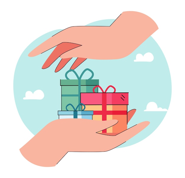 Big hand holding gift boxes. Hands around packages with presents flat vector illustration. Celebration, birthday, holidays, anniversary concept for banner, website design or landing web page