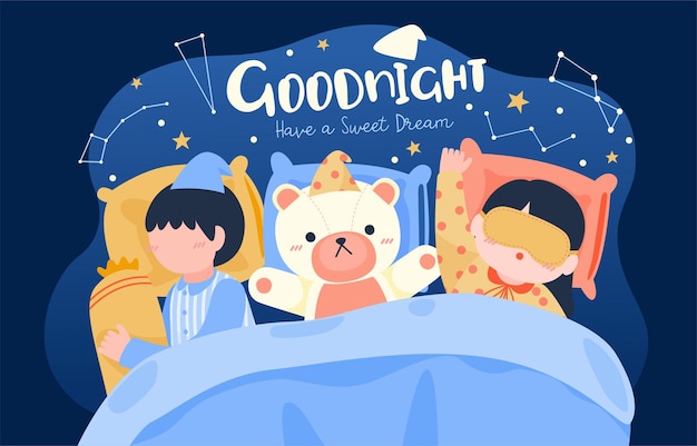 Big isolated cartoon character   illustration of Cute kids sleeping on bed in bed room , flat illustration