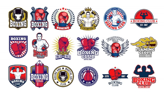 Free Vector big set boxing badges, stickers isolated on white.