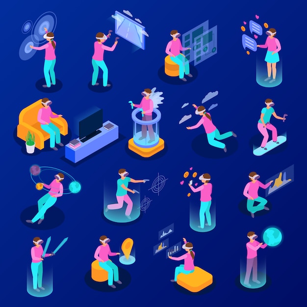 Big set of isometric icons with people using various augmented reality devices isolated on blue background 3d  illustration