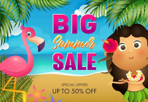 Big summer sale flyer design. Flamingo and Hawaiian girl