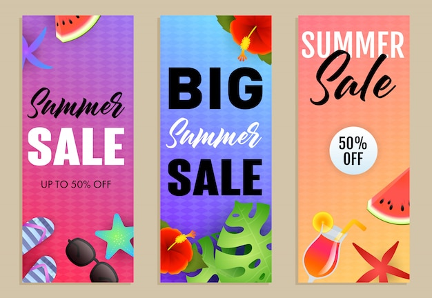 Big Summer Sale letterings set, exotic plants, cocktail