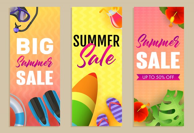 Big Summer Sale letterings set, surfboard and flippers