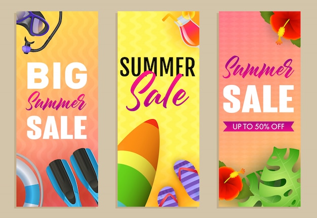 Big Summer Sale letterings set, surfboard and flippers