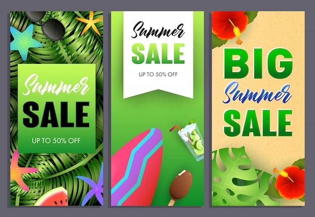 Free Vector big summer sale letterings set, tropical plants and surfboard