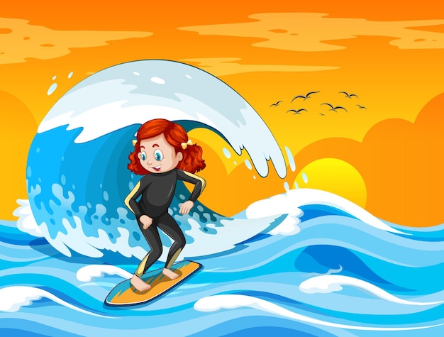 Free Vector big wave in the ocean scene with girl standing on a surf board