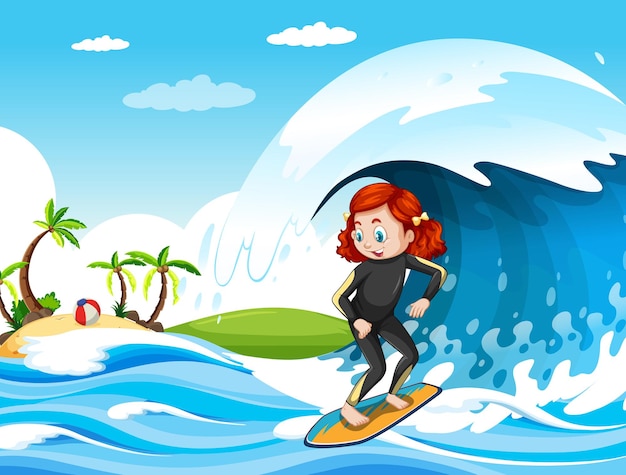 Free Vector big wave in the ocean scene with girl standing on a surfboard