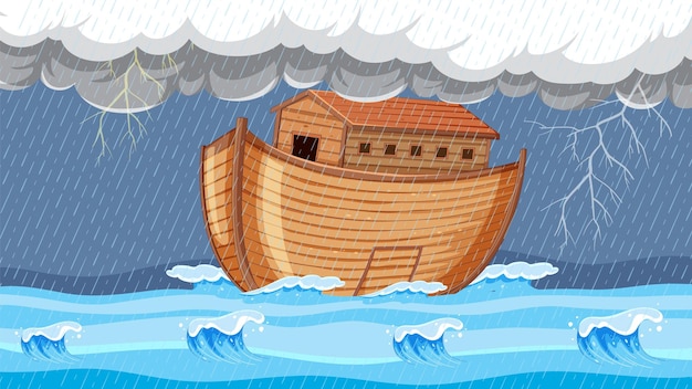 Free Vector big wooden boat floating in heavy rainstorm