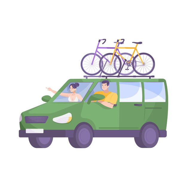 Bike tourism flat composition with man and woman in van with bicycles on roof vector illustration