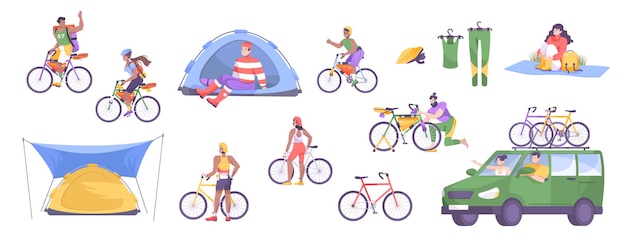 Bike tourism flat icon set with cyclists of different sex and age equipment tents and cars vector illustration