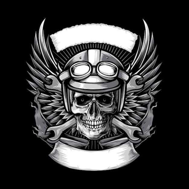 Biker skull with wings and banner illustrationjpg