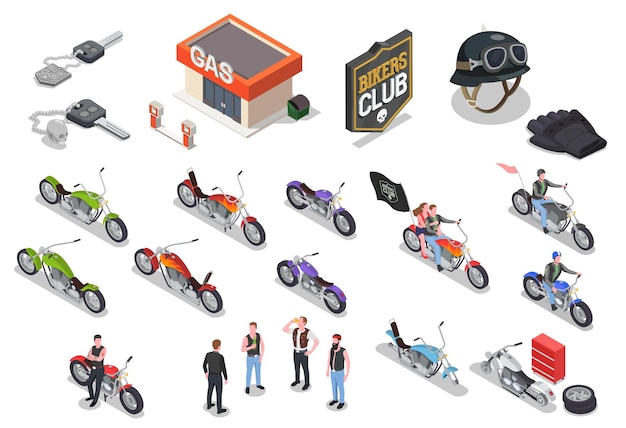 Free Vector bikers characters their accessories and different motorbikes models isometric icons set isolated on white background 3d vector illustration