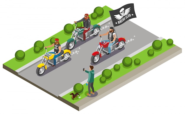 Free Vector bikers with view of street motorway and three motorcycles with streaming flag of gang