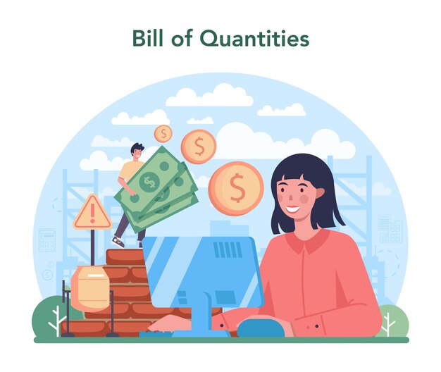 Bill of quantities Appraisal service property valuation selling and buying Real estate agency financial consultant or business specialist Isolated flat vector illustration