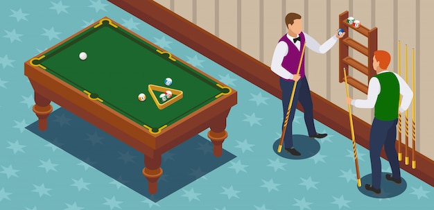 Billiards isometric composition with two male human characters of players in the playing room with furniture