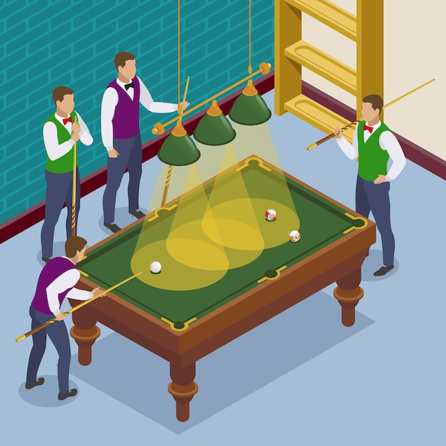 Free vector billiards isometric composition with view of game situation with playing room and human characters of players