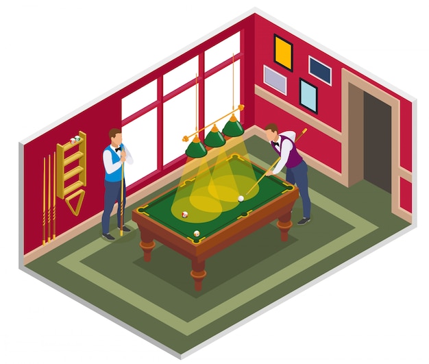 Billiards isometric composition with view of indoor billiard playing room with furniture and characters of people